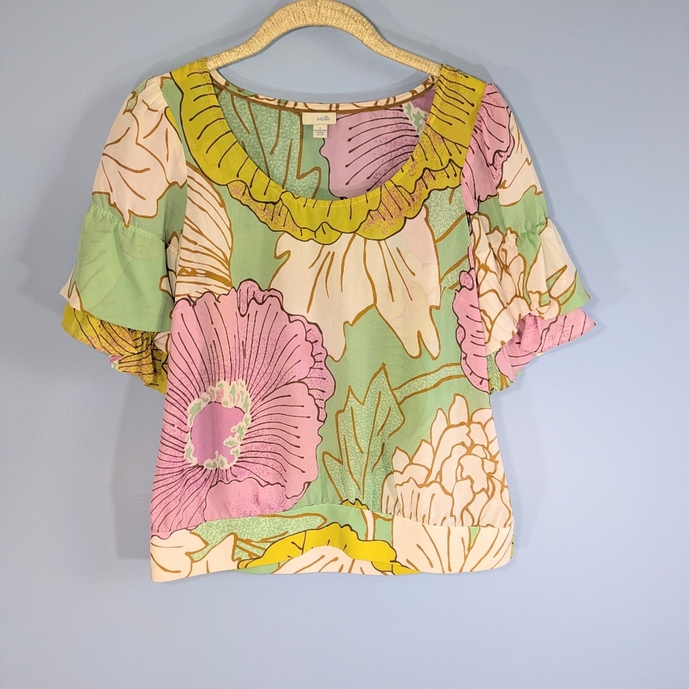 Anthro Odille Silk Ruffle Sleeves Banded Hem Blouse